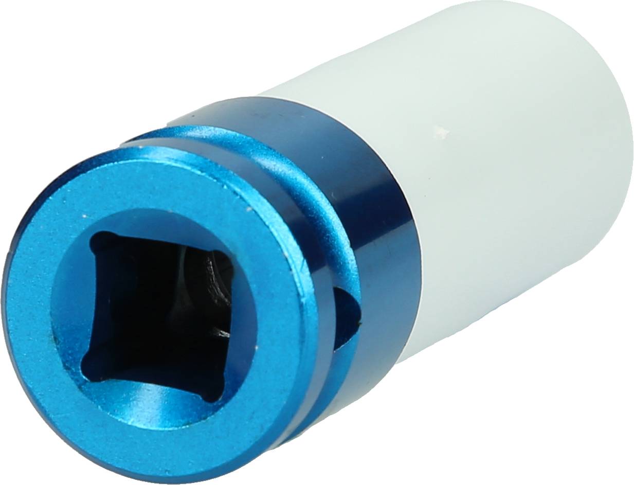 Zylinderförmiges, blau-weißes Werkzeug mit quadratischem Loch, vermutlich eine Stecknuss, zur Befestigung auf einem Drehwerkzeug.