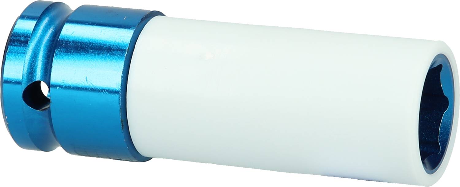 Ein blauer Sechskant-Steckschlüssel mit weißem Schutzmantel; wird zur sicheren Befestigung oder Lösung von Schrauben verwendet.