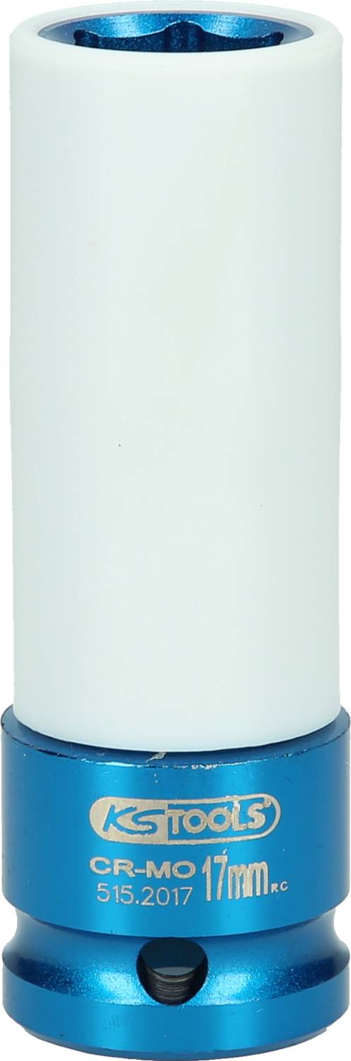 Ein weißer und blauer Steckschlüssel mit der Aufschrift 'KS TOOLS 17mm', verwendet für Schraubarbeiten.