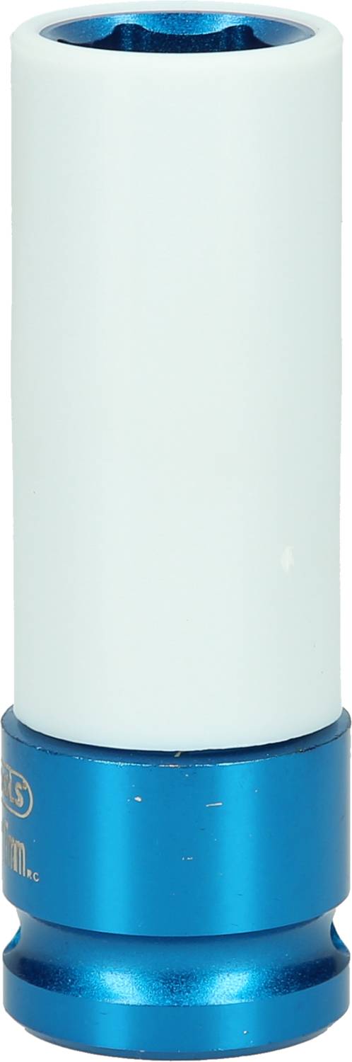 Ein blauer Steckschlüssel mit einer weißen Ummantelung, verwendet für das Lösen oder Anziehen von Schrauben oder Muttern.