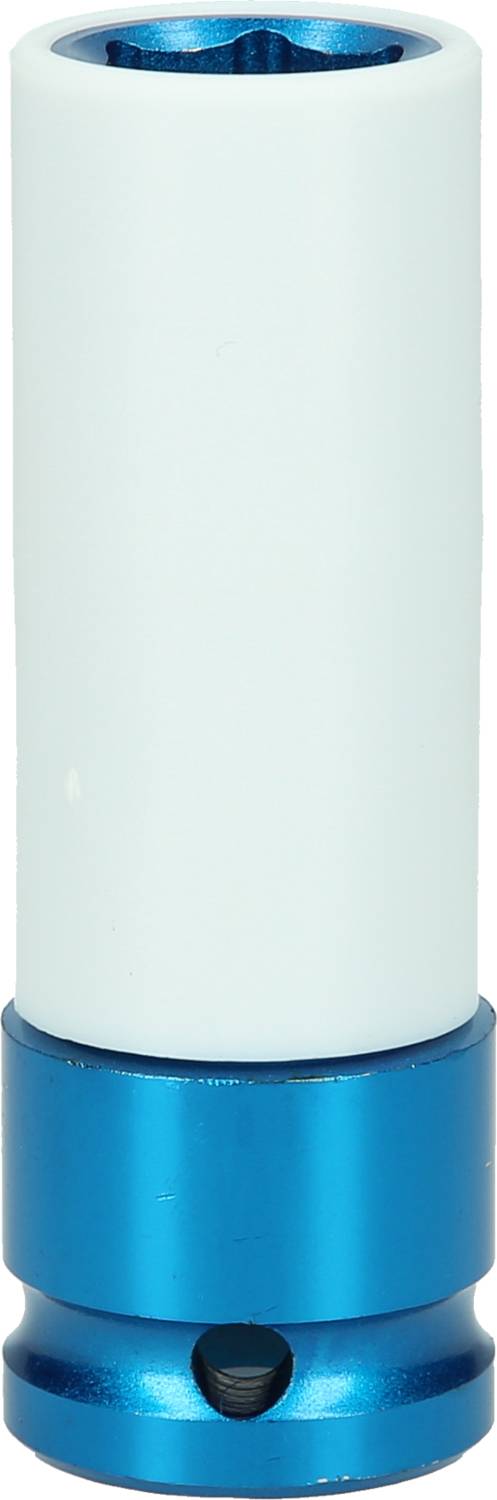 Ein blau-weißer Steckschlüsselaufsatz, zylindrisch mit einer sechseckigen Öffnung oben. Wird häufig für Radmuttern verwendet.