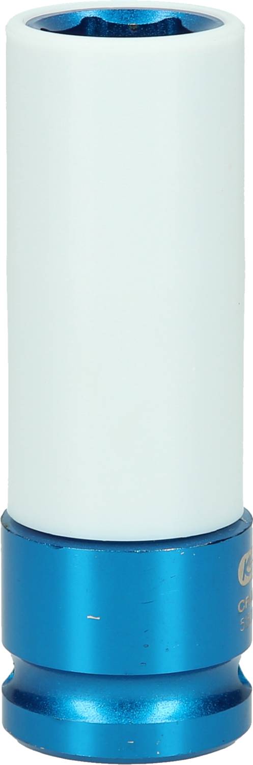 Ein zylinderförmiger, blau-weißer Werkzeugaufsatz aus Metall und Kunststoff, möglicherweise ein Steckschlüsseleinsatz.