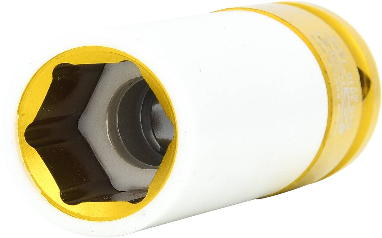 Weiße Stecknuss mit gelbem Rand, verwendet für das Lösen und Festziehen von Schrauben und Muttern, besonders im Automobilbereich.