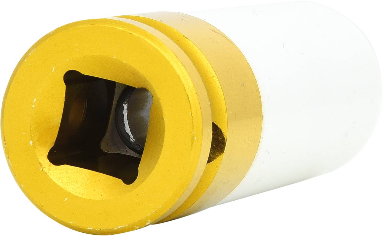 Rundkopfsteckschlüssel mit goldfarbenem Rand und weißem Griff, geeignet für präzises Anziehen oder Lösen von Schrauben und Muttern.