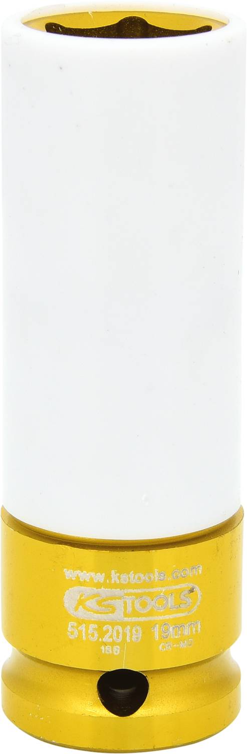 Eine Stecknuss mit goldener Basis und weißem Schaft, geeignet für Arbeiten mit Maschinen, mit Markierung '515.2019 19mm'.