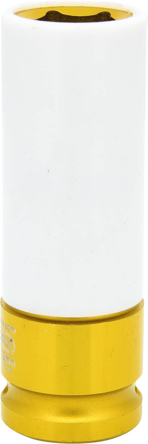 Ein Steckschlüssel mit weißem Griff und goldener Basis, verwendet zum Lösen oder Anziehen von Schrauben und Muttern.