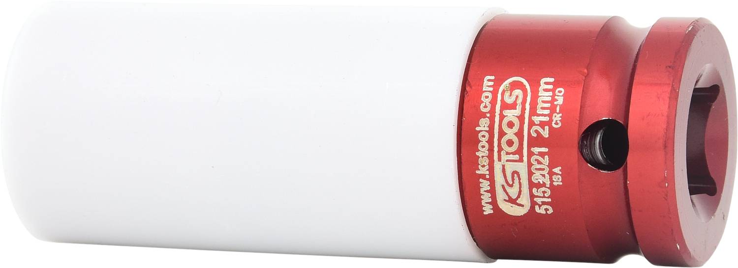 Weiße Schraubnuss mit rotem Rand, bedruckt mit '21 mm'. Werkzeugspezifikation mit Online-Adresse 'ks-tools.com'.