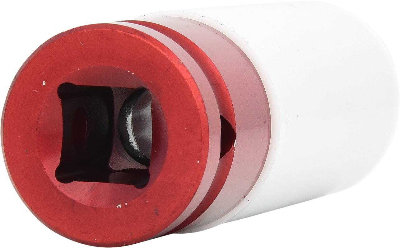 Roter und weißer zylindrischer Mechanismus, vermutlich Teil eines größeren technischen Geräts, mit metallischer Oberfläche.