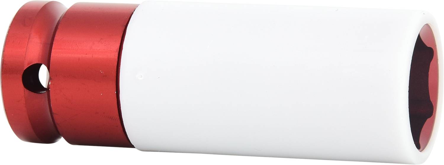 Ein zylindrisches Werkzeug mit einem weißen Kunststoffkörper und einem roten Metallende, das möglicherweise zur Befestigung dient.