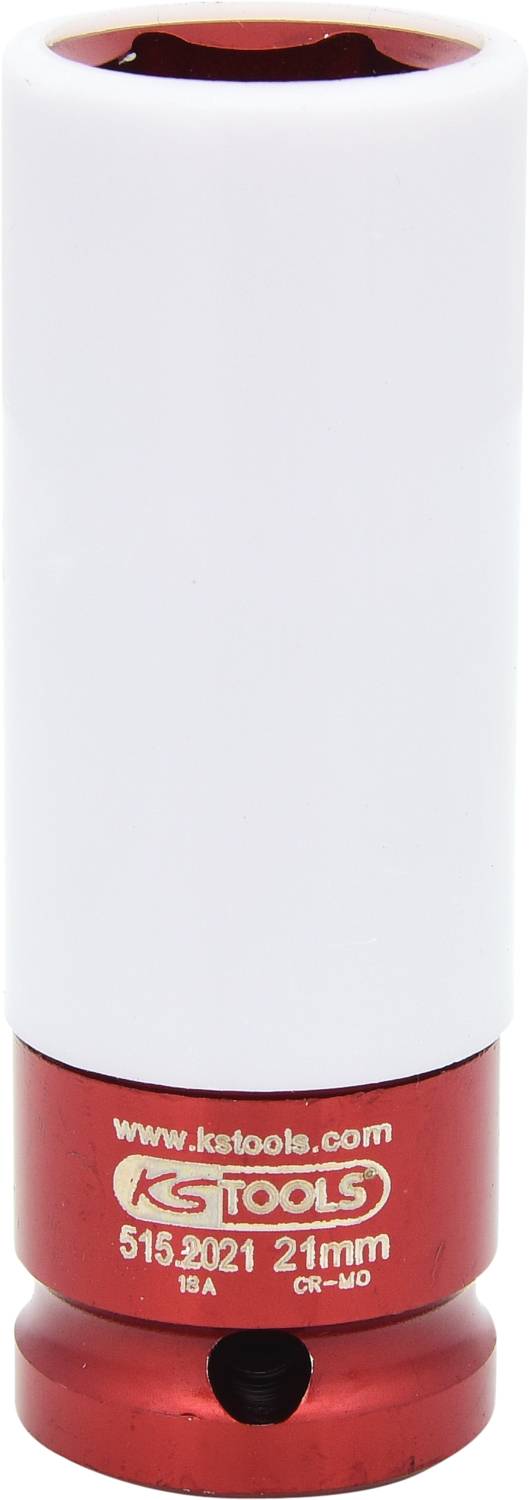 Stecknuss mit weißem Schutzmantel, 21 mm Größe, Marke KS Tools, aus verchromtem Molybdän-Stahl, für Schraubarbeiten konzipiert.