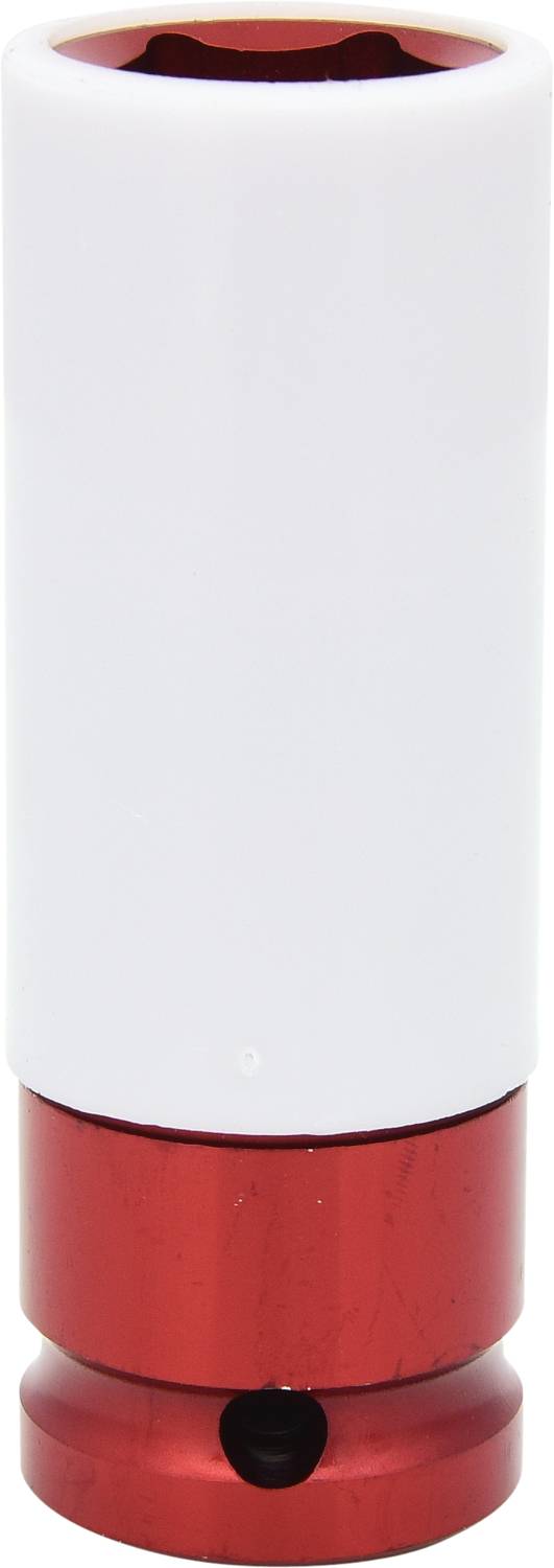 Eine weiße Stecknuss mit rotem Sockel, verwendet zum Anziehen oder Lösen von Muttern und Schrauben, aufrecht stehend.