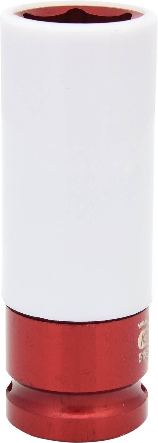 Ein weiß-rotes Werkzeug, vermutlich eine Stecknuss, vor neutralem Hintergrund.