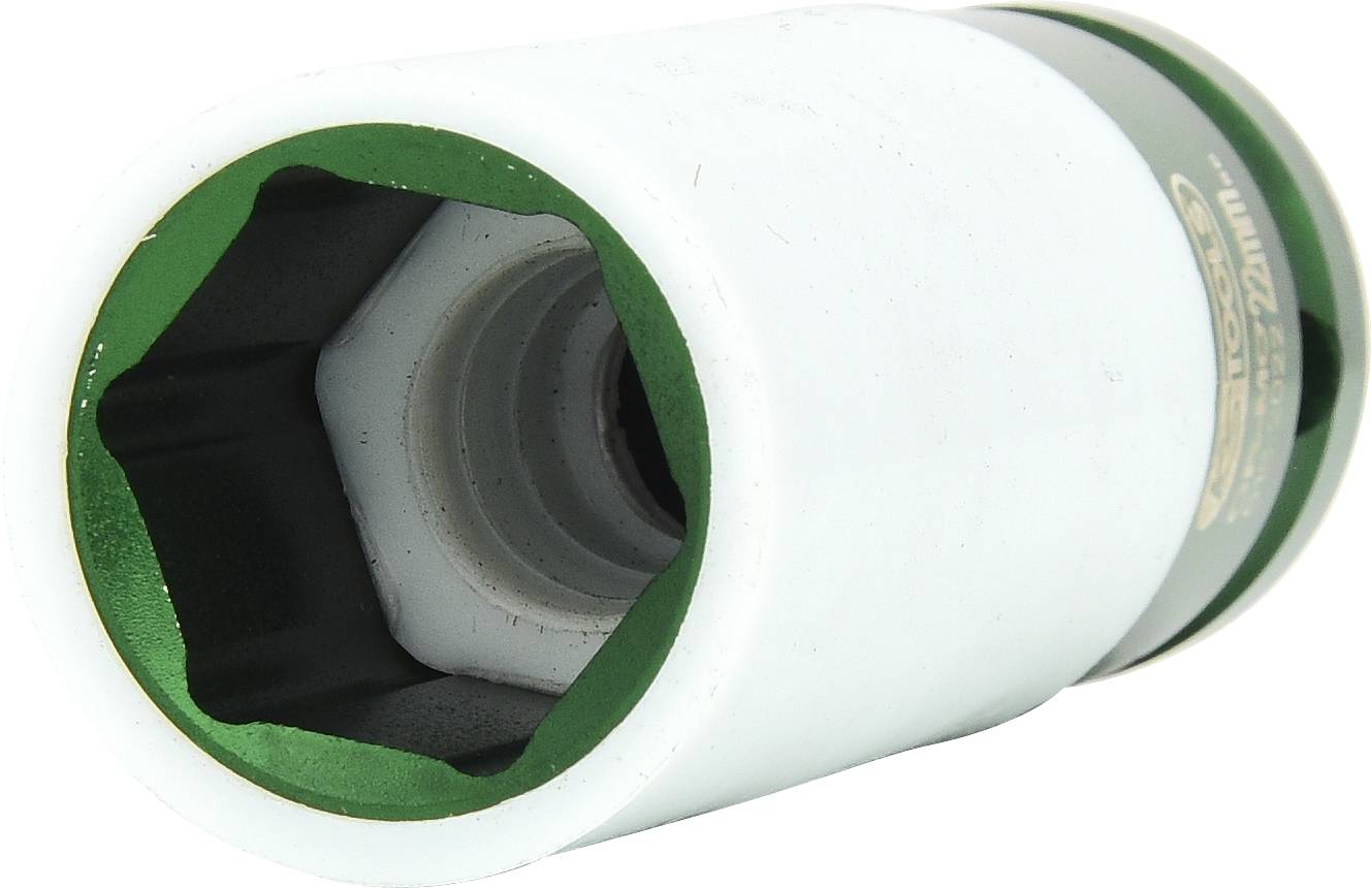 Eine weiße sechskantige Stecknuss mit grünem Rand und Beschriftung. Sie wird für Reparaturen oder mechanische Arbeiten verwendet.