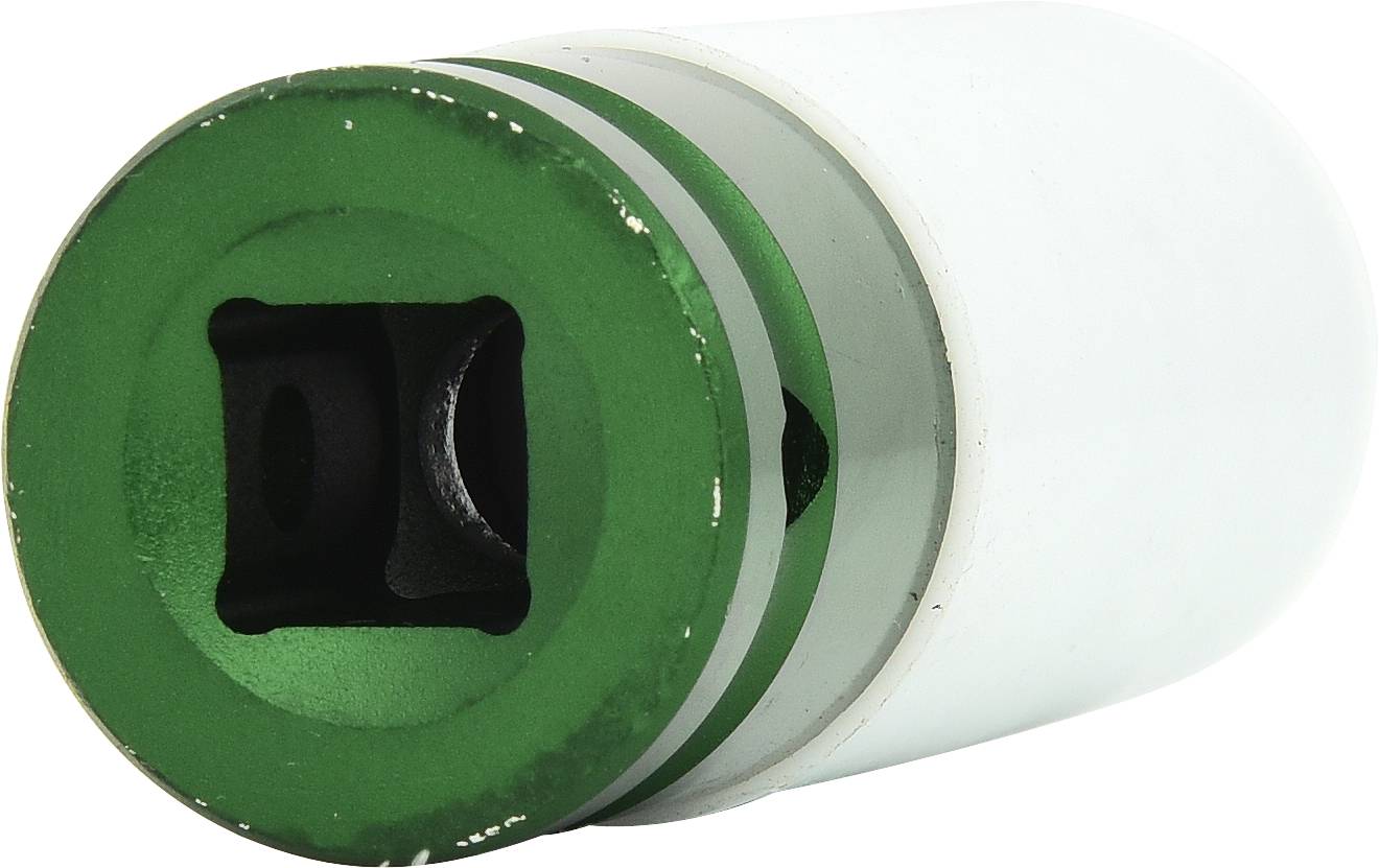 Ein zylinderförmiges Metallteil mit grünem und weißem Bereich, möglicherweise eine Stecknuss oder Werkzeugaufsatz.