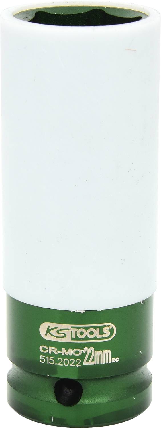 Eine grüne und weiße Sechskant-Stecknuss von KS Tools mit der Aufschrift '22mm'. Verwendet für mechanische Arbeiten oder Autoreparaturen.