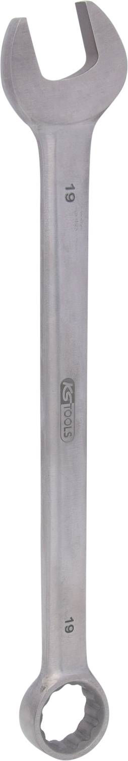 Ein silberner Schraubenschlüssel mit offenem und ringförmigem Ende. Ideal zum Lösen oder Festziehen von Muttern und Schrauben.