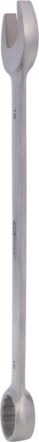 Ein silberner Schraubenschlüssel mit offenem und geschlossenem Ende, geeignet zum Festziehen oder Lösen von Schraubenmuttern.