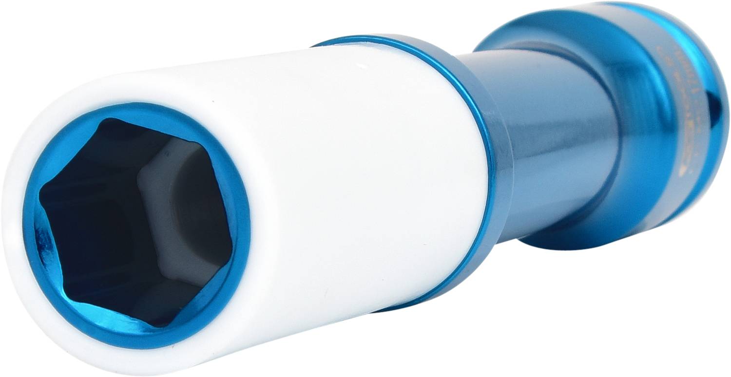 Ein blau-weißer Steckschlüsseleinsatz, möglicherweise für den Einsatz mit einem Schlagschrauber, auf einem weißen Hintergrund.