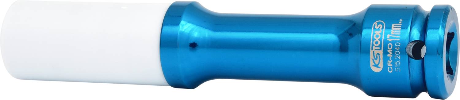 Blauer 17-mm-Spezialschlagschrauber mit weißem Schutzmantel von 'KS Tools'. Verwendet für das schonende Anziehen von Radmuttern.