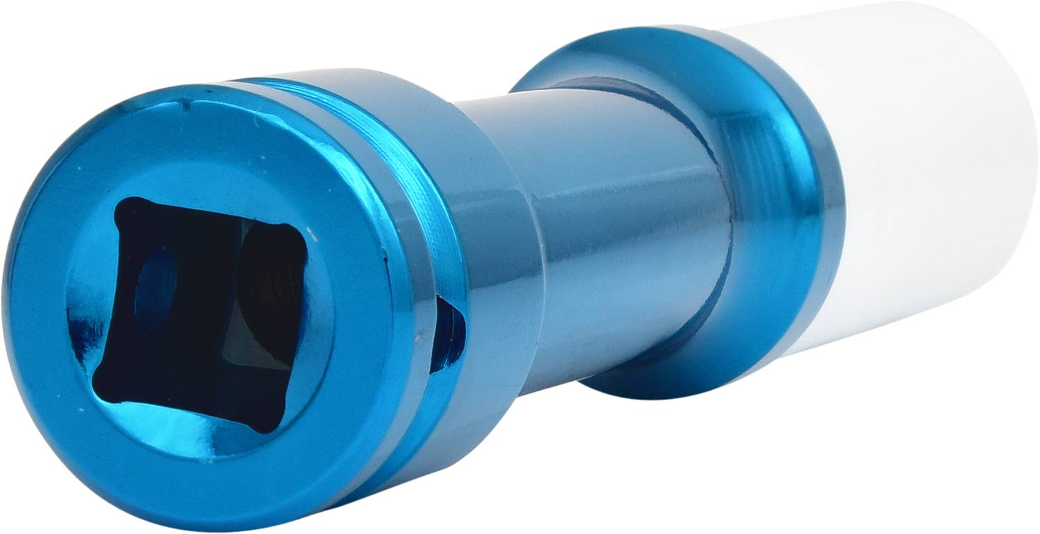 Ein blauer TV-Hochfrequenzverstärker, auch LNB genannt, mit zylindrischer Form und quadratischem Anschluss an einem Ende.