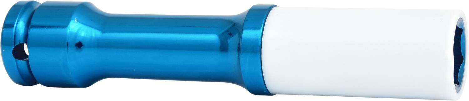 Blauer Schraubenschlüsselaufsatz mit weißem Gummischutz für Felgenmontage.