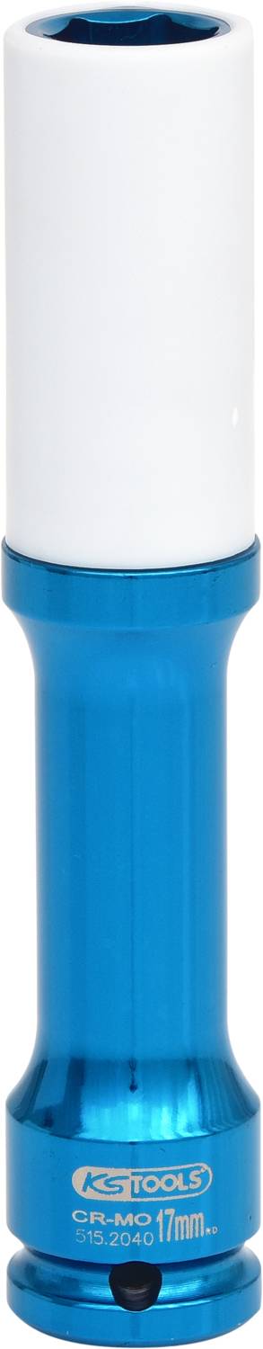 Ein blauer Steckschlüsseleinsatz von KS Tools, Größe 17 mm. Geeignet zum Lösen von Radmuttern.