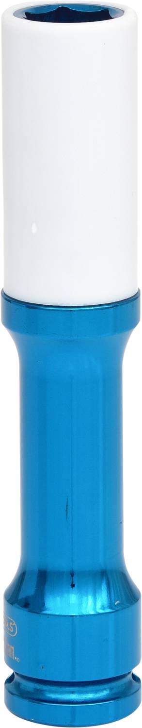 Ein blau-weißes zylindrisches Werkzeug, vermutlich ein Steckschlüsselaufsatz, vor weißem Hintergrund.