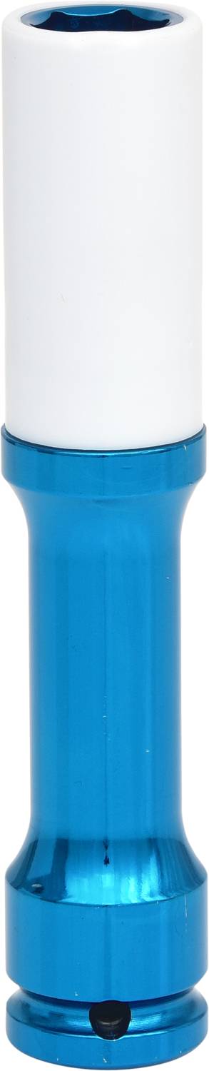 Blauer Steckschlüsselaufsatz aus Metall mit weißem Kunststoffüberzug oben. Schraubwerkzeug für spezielle Anwendungen.