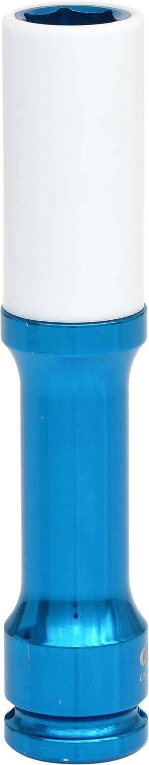 Ein blauer zylindrischer Metallkörper mit einem weißen, zylindrischen, möglicherweise abnehmbaren Kopf.