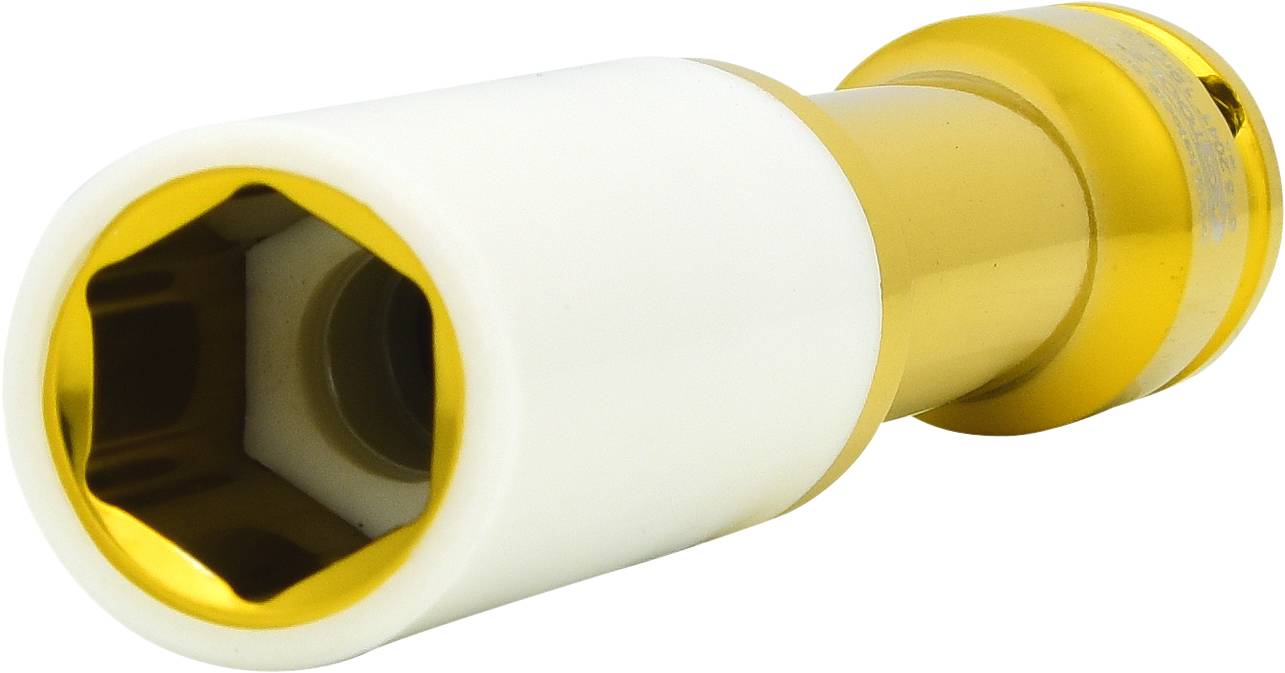 Ein goldener Drehmomentschlüsselaufsatz mit weißem Schutzkörper, liegt horizontal. Ideal für sanfte Montagearbeiten an Felgen.