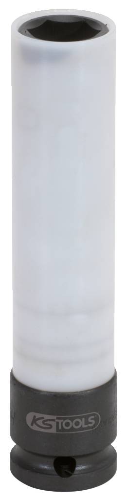Ein langer Steckschlüssel mit weißer Ummantelung und schwarzem Sockel, auf dem 'KS Tools' steht. Geeignet für die Arbeit mit Felgen.