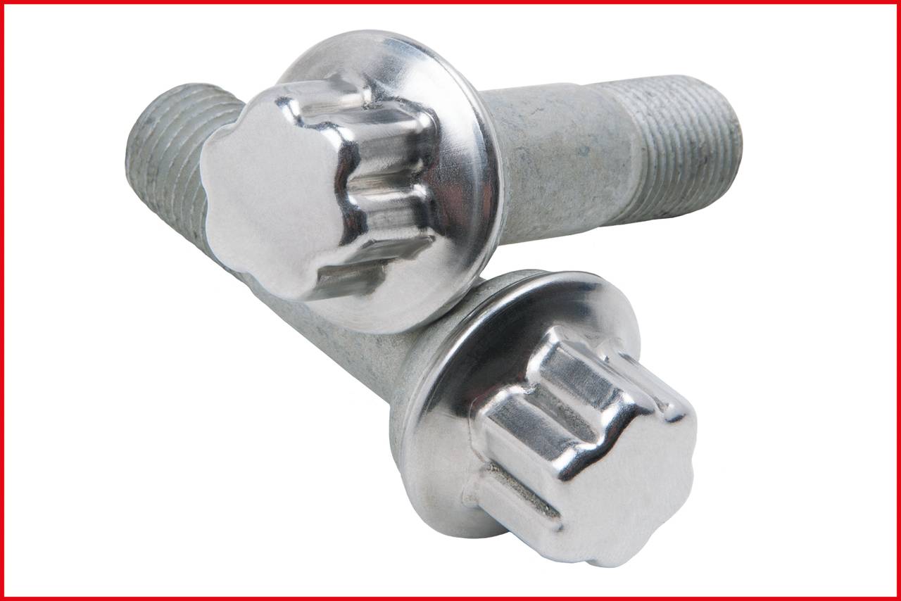 Zwei silberne Schrauben mit sechszackigen Köpfen, übereinanderliegend, auf weißem Hintergrund. Sie sind rostfrei und glänzend.