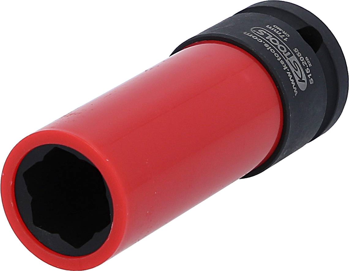Eine rote Sechskant-Stecknuss mit schwarzem Kopf, geeignet für den Einsatz mit einem Drehmomentschlüssel.