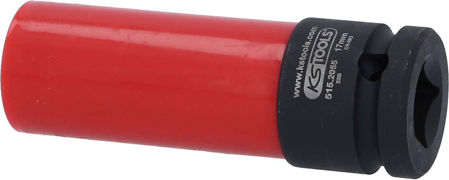 Ein rotes Power-Impact-Nuss mit schwarzem Ring und Aufschrift 'KS Tools'. Verwendung: Schutz von Radmuttern bei der Montage/Demontage.