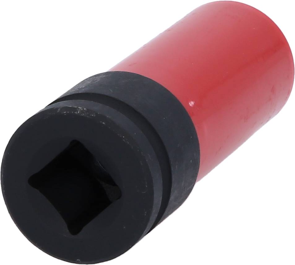 Rote Stecknuss mit quadratischem Antrieb und schwarzem Ende, verwendet für Reparaturen oder technische Anwendungen.