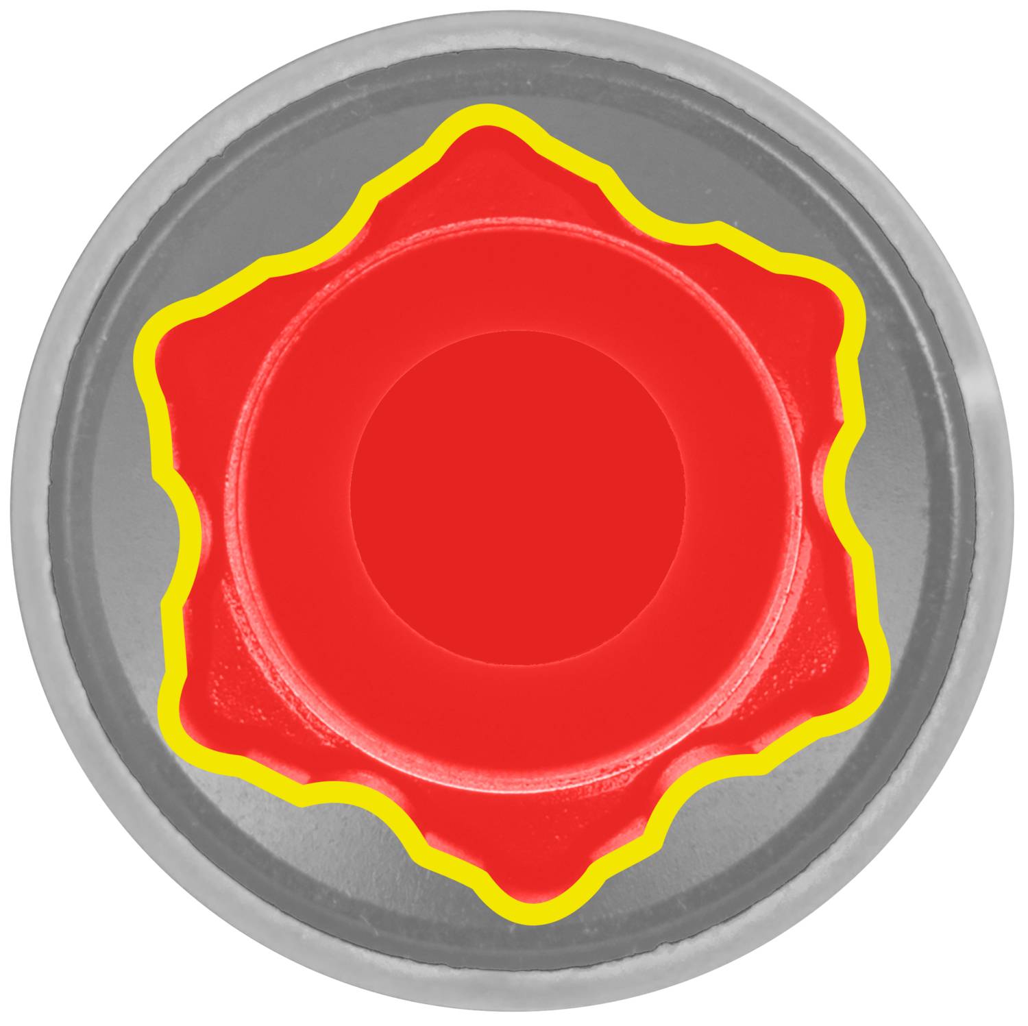 Roter Knopf mit gelbem Rand und gezackter Außenform. Der Knopf ist kreisförmig und plastisch gestaltet, möglicherweise ein Bedienelement.