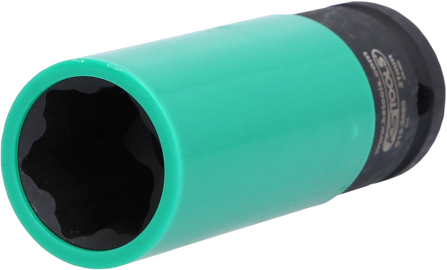 Ein grüner Schlagschrauber-Adapter mit schwarzem Anschluss. Er wird für die Montage und Demontage von Radmuttern am Auto verwendet.