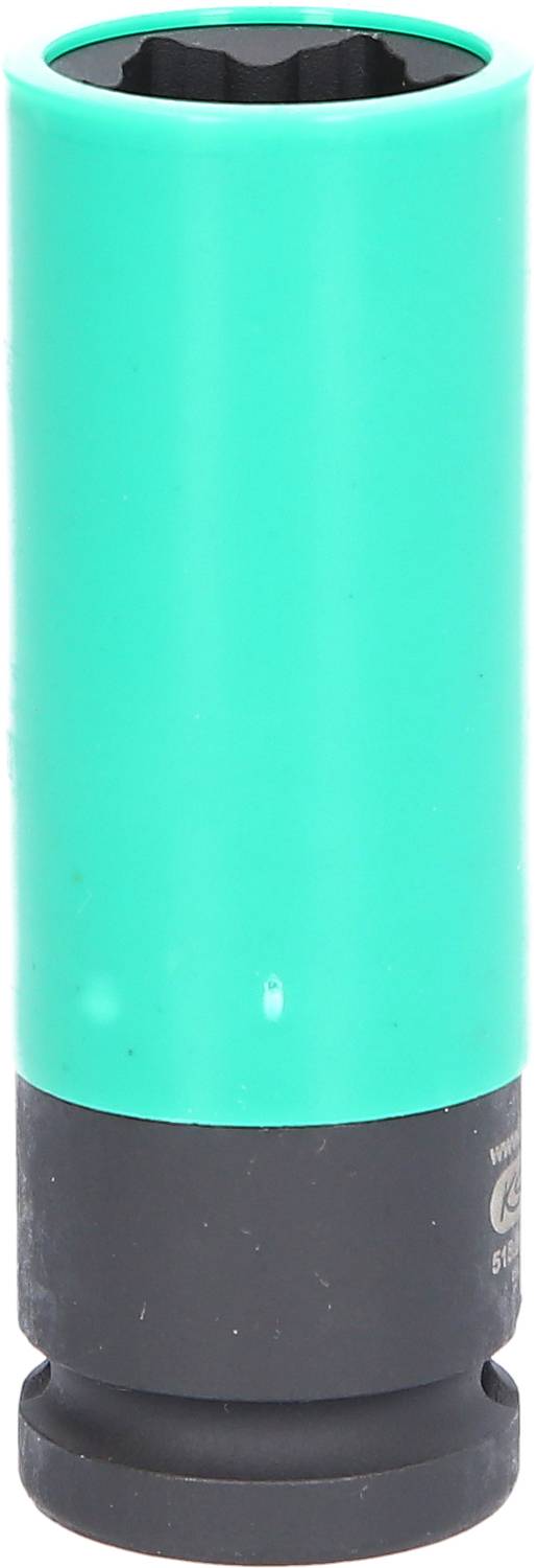 Ein sechskantiger Steckschlüsseleinsatz mit grünem Kunststoffüberzug und schwarzem Sockel, oft zum Schutz von Felgen verwendet.