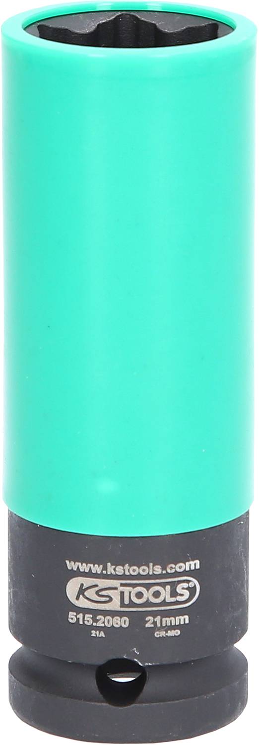 Grüner KS Tools Steckschlüssel-Einsatz, 21 mm, mit schwarzem unteren Abschnitt und KS Tools Logo.