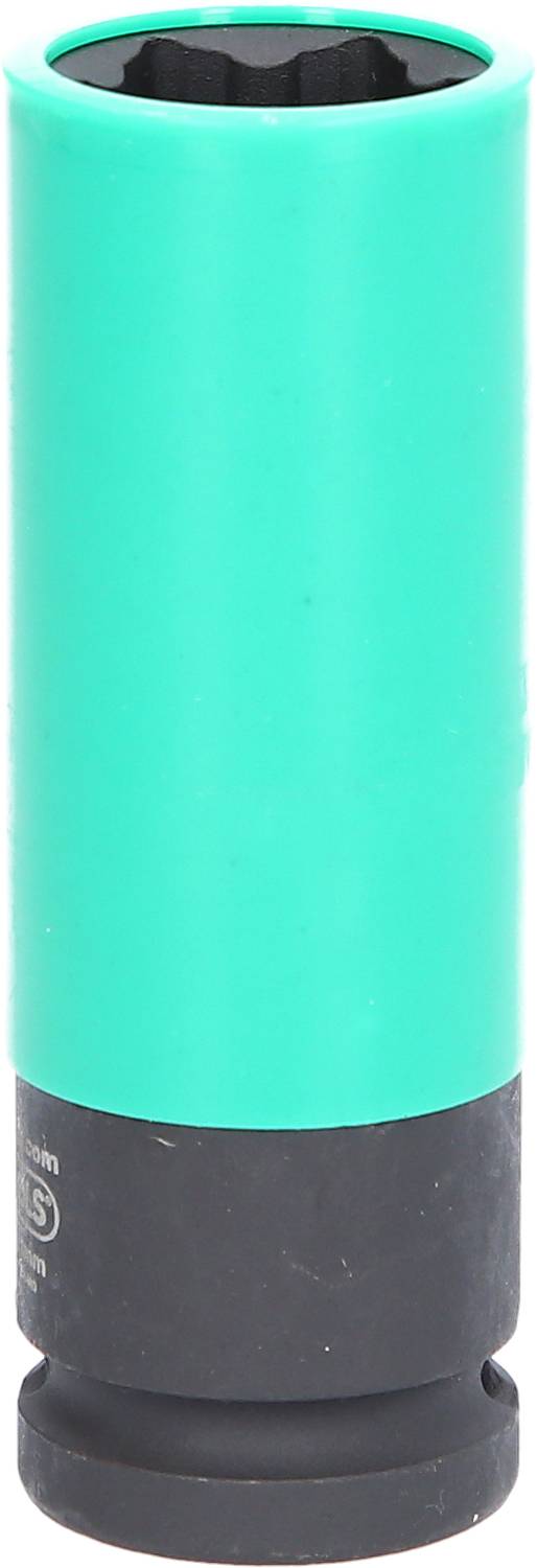 Grüner Steckschlüsseleinsatz in zylindrischer Form mit schwarzem Sockel, geeignet für Schraubverbindungen in mechanischen Anwendungen.