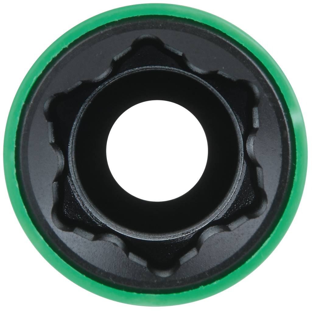 Ein rundes, schwarzes Objekt mit grüner Umrandung, innen zahnradartig geformt. Möglicher Bestandteil eines technischen Mechanismus.