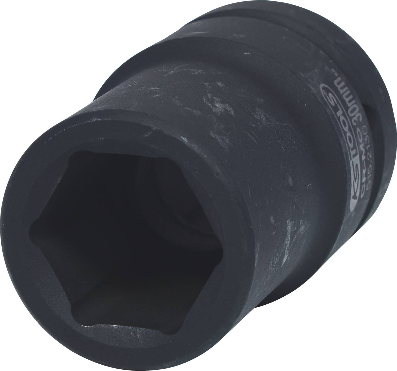 Eine schwarze Sechskant-Stecknuss mit Beschriftung 30 mm.