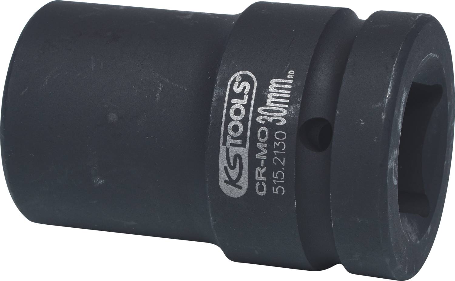 Eine schwarze 30 mm Stecknuss aus Chrom-Molybdän-Stahl, mit 'KS Tools' Schriftzug, auf einer weißen Hintergrundfläche.
