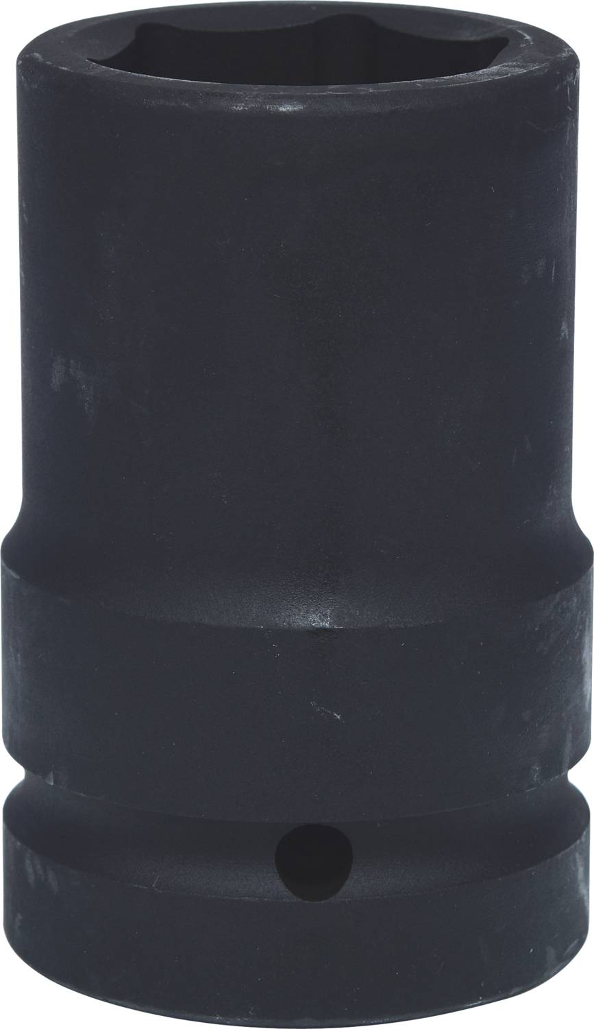 Schwarze Schraubnuss, zylindrisch, mit Sechskantöffnung oben und zusätzlichem Loch an der Seite, verwendet für Befestigungsteile.