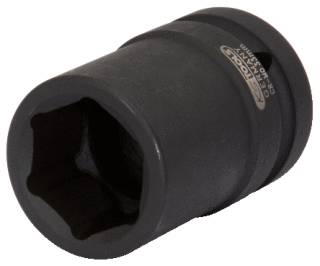 Eine schwarze Steckschlüssel-Nuss aus Metall in zylindrischer Form, verwendet zum Anziehen und Lösen von Schraubverbindungen.