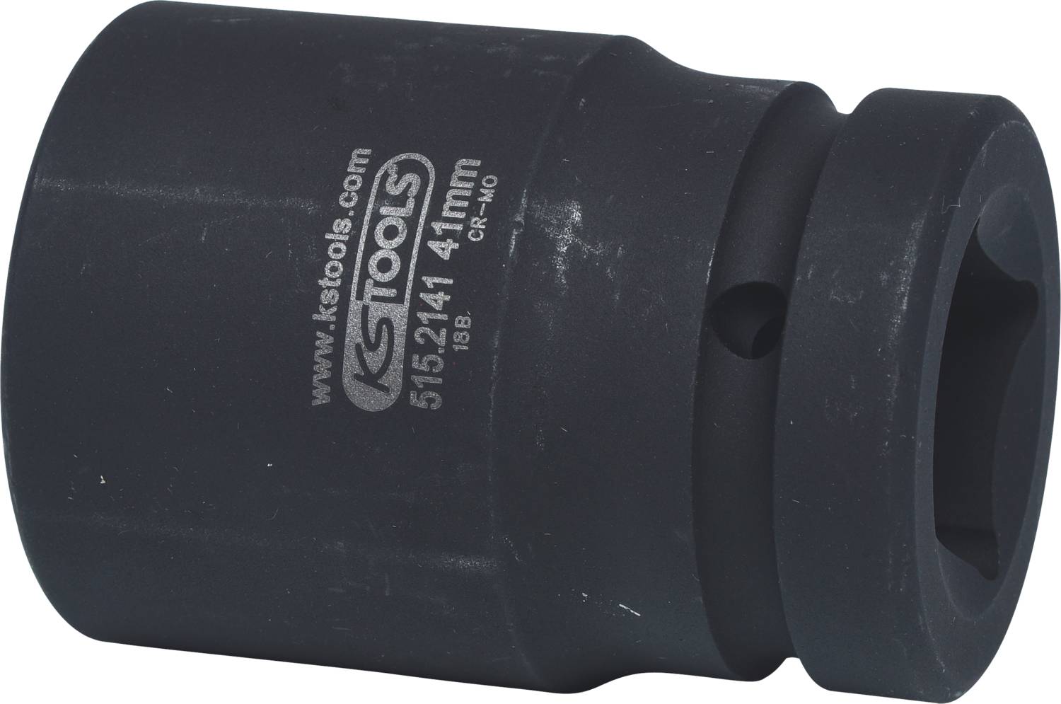 Schwarze Sechskant-Stecknuss aus Stahl, graviert mit 'KS Tools 515.2141 41 mm'. Verwendet für Schwerlastverkettungen und Fahrzeugreparaturen.