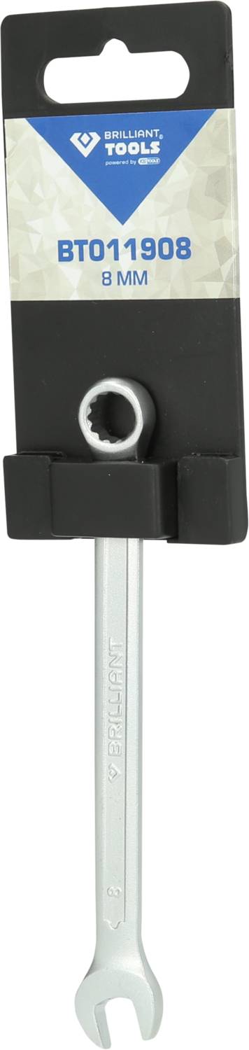 Ein Maulschlüssel, Größe 8 mm, in einer schwarzen Halterung, mit der Aufschrift 'Brilliant Tools BT011908'.