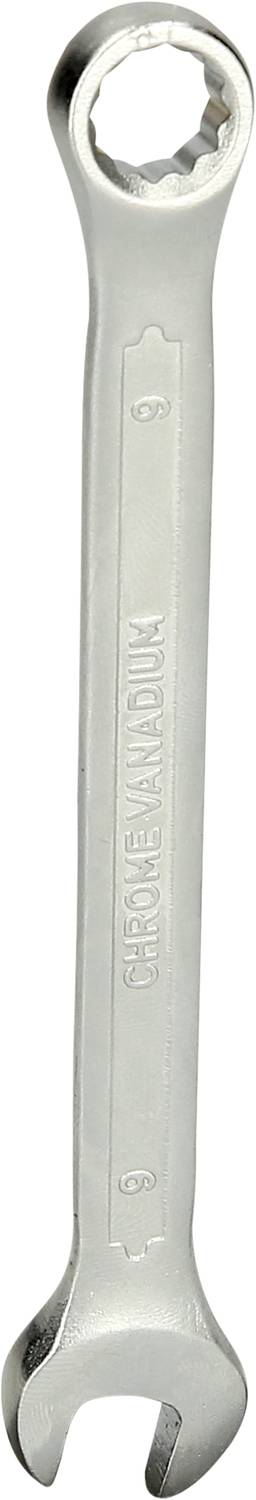 Ein silberner Schraubenschlüssel aus Metall, mit einem offenen und einem Ringschlüsselkopf. Geeignet zum Lösen und Anziehen von Muttern und Schrauben.