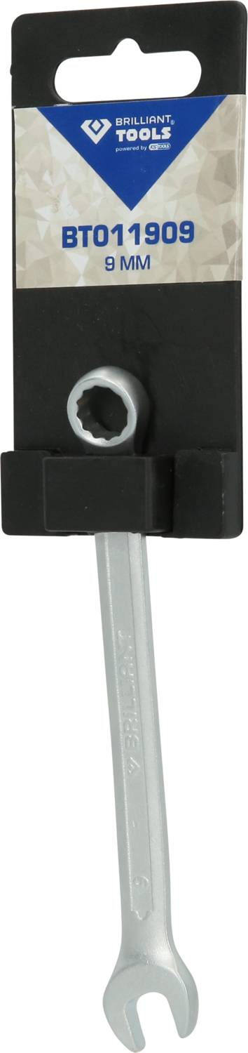 Ein 9 mm Schraubenschlüssel der Marke Brilliant Tools, auf einer schwarzen Halterung präsentiert, Artikelnummer 'BT011909'.