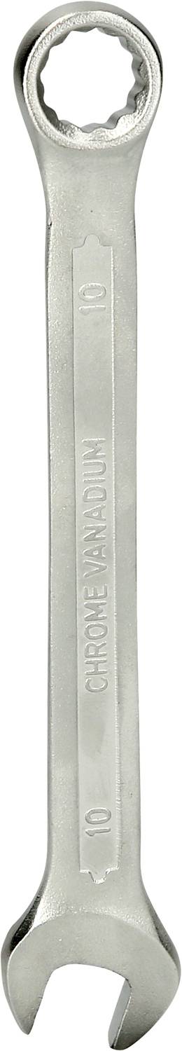 Ein silberner Schraubenschlüssel aus Chrom-Vanadium-Stahl, oben mit einer sternförmigen Öffnung und unten mit einer offenen Maulöffnung.